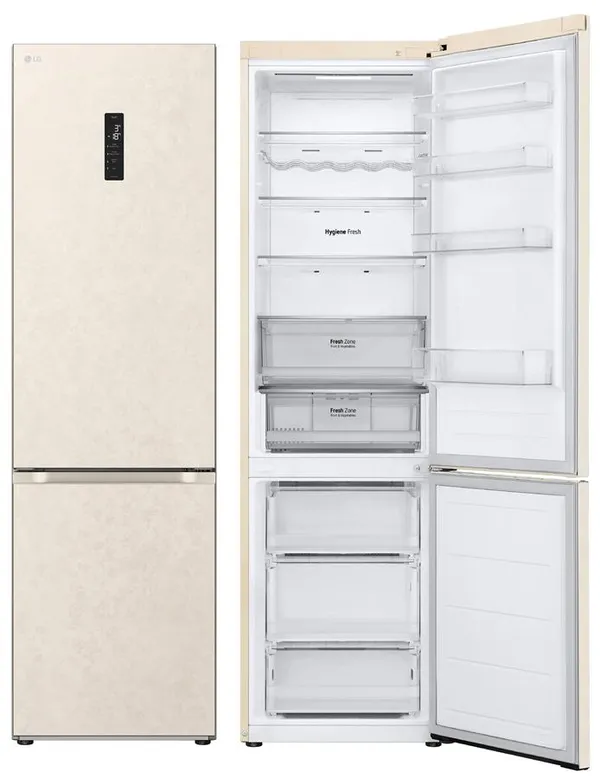 Холодильник LG с нижн. мороз., 203x60х68, холод.отд.-277л, мороз.отд.-110л, 2дв., E, NF, инв., диспл внешн., зона св-ти, бежевый