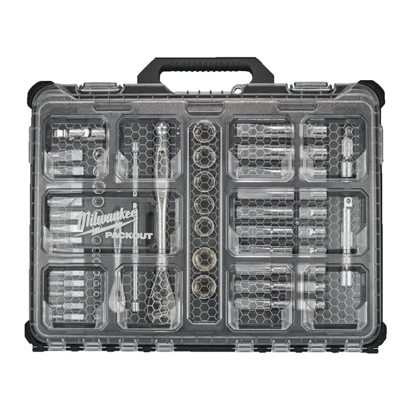 Набір головок торцевих хромованих 1/2 дюйма + 1/4 дюйма PACKOUT MILWAUKEE, з воротком (63шт), пластиковий органайзер цена в Украине