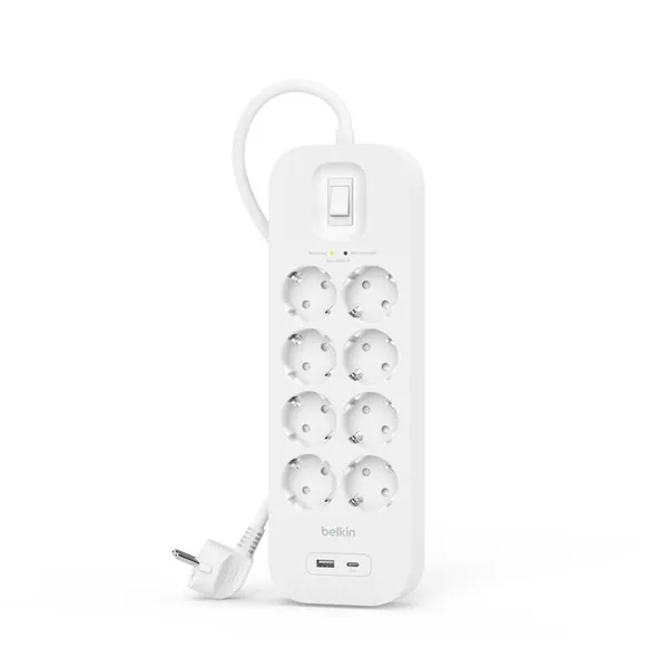 Удлинитель сетевой Belkin 2м, 8хТип, 16А, USB-A/USB-C 18Вт, фильтр, белый