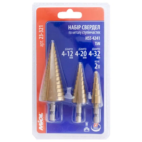 Набор сверл ступенчатых по металлу 3 шт (4-12, 4-20, 4-32 мм) MIOL 23-321 HSS 4241 цена в Украине