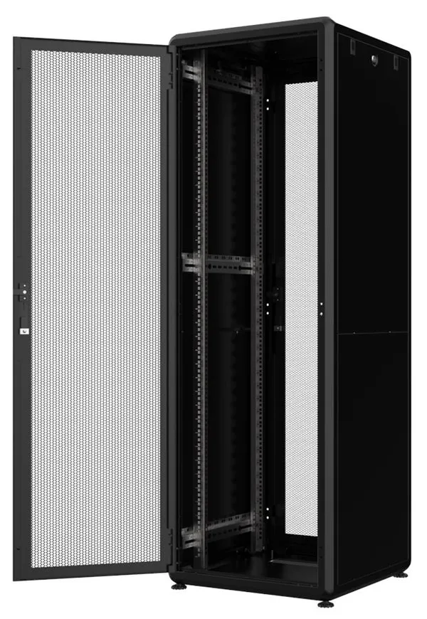 Шафа серверна, металева, розміром 19" 42U (В) 600x800 (ШхГ), RAL 9005 (чорного кольору), перфорофані 63% двері, задні розпашні.