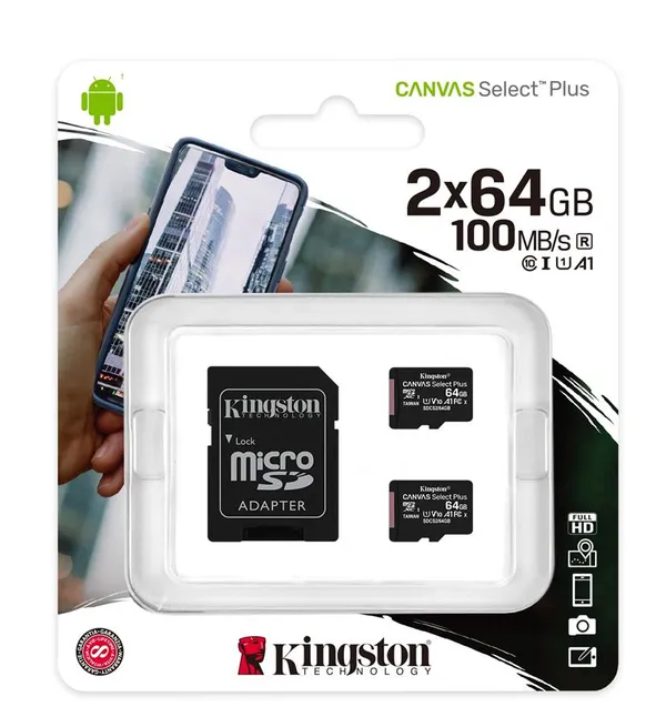 Карта памяти Kingston 64GBx2 microSDXC C10 UHS-I R100MB/s + SD