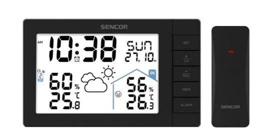 Метеостанция Sencor, внутр/наруж измерение, AAx3+AAx2, темп-ра, влажность, время, прогноз погоды, чёрный