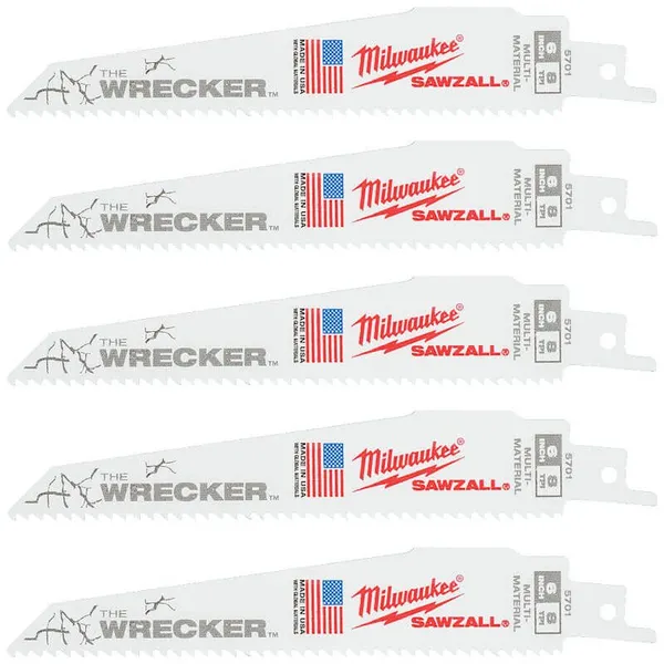 Полотно для шабельних пил WRECKER MILWAUKEE, 150х3,6/2,3мм, (5шт), (метал, деревина з цвяхами)
