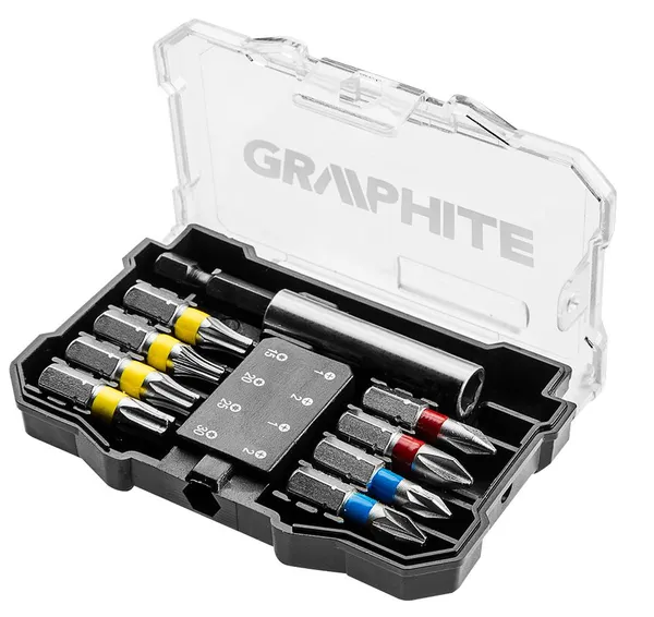 Біти GRAPHITE, набір 9шт, 1/4", подовжувач 60мм, PH,PZ,TX, 25мм, сталь S2, кейс