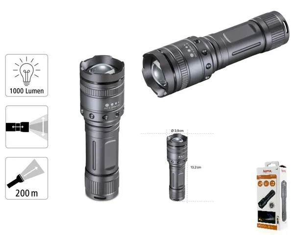 Ліхтар ручний на батарейках Hama Ultra Pro LED Torch, AAAx4, 1000лм, 10Вт, LED, 4 функції освітлення, чорний