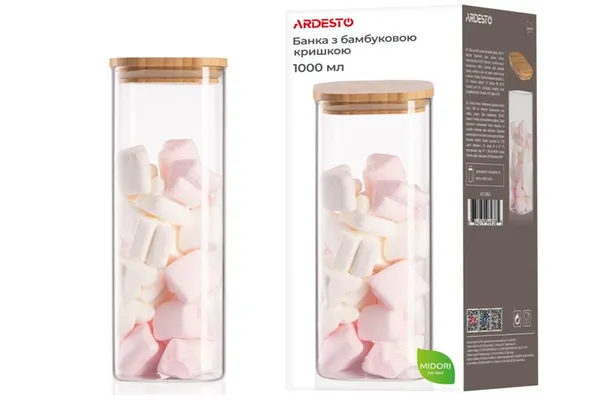 Банка для хранения Ardesto Midori, 1000мл, стекло, бамбук, квадратная, прозрачный