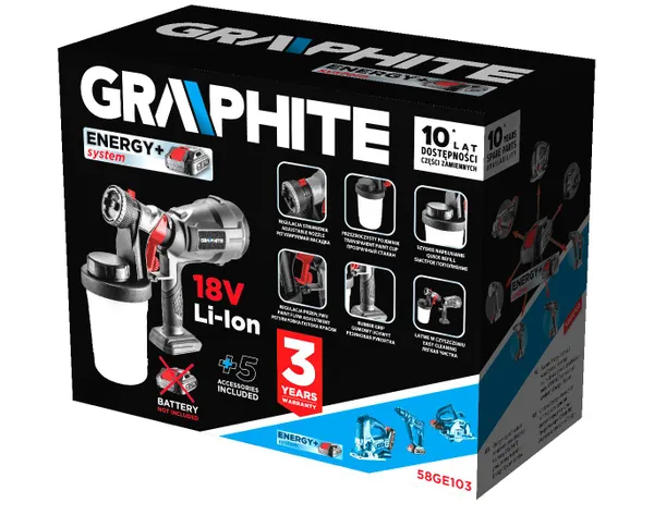 Краскораспылитель аккумуляторный GRAPHITE Energy+ 18В 700мл·мин бачок 900мл 1.45кг без АКБ и ЗП в наличии
