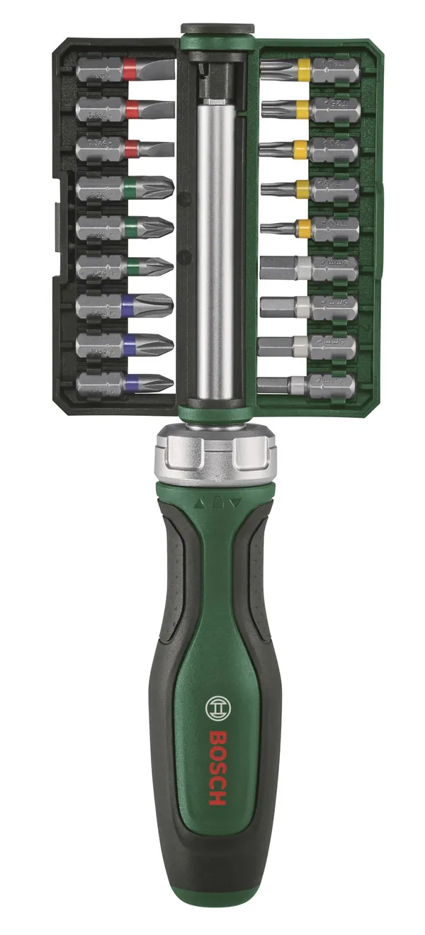 Купить Отвертка Bosch с трещоткой, 18 бит, 225мм, сталь CrV