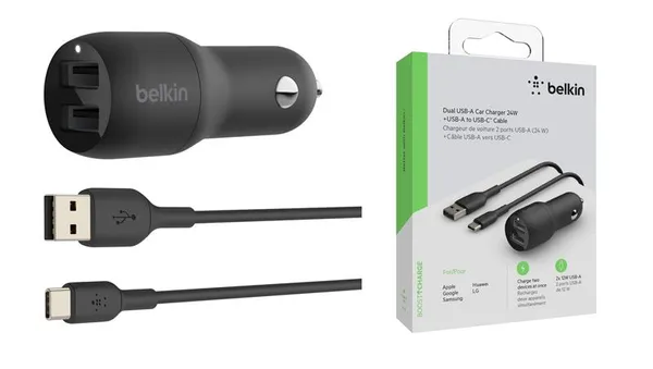 Зарядний пристрій автомобільний Belkin 24Вт 2хUSB-A, кабель USB-A > USB-C, 1м, чорний