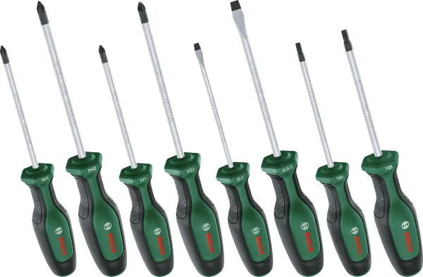 Отвертка Bosch набор 8шт, SL 4, 6.5 мм, PH1х100 мм, PH2х125 мм, PZ1х100 мм, PZ2х125 мм, Т20х100, Т25х100