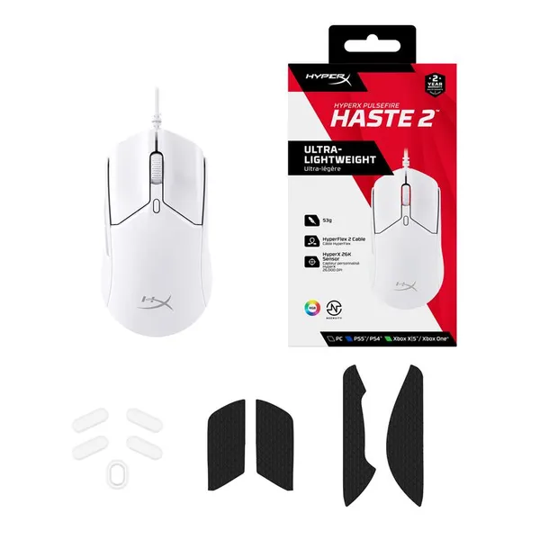 Мишь HyperX Pulsefire Haste 2, RGB, USB-A, USB, белый