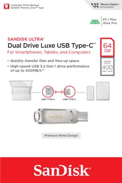 Накопичувач SanDisk   64GB USB 3.1 Type-A + Type-C Dual Drive Luxe Срібний фото