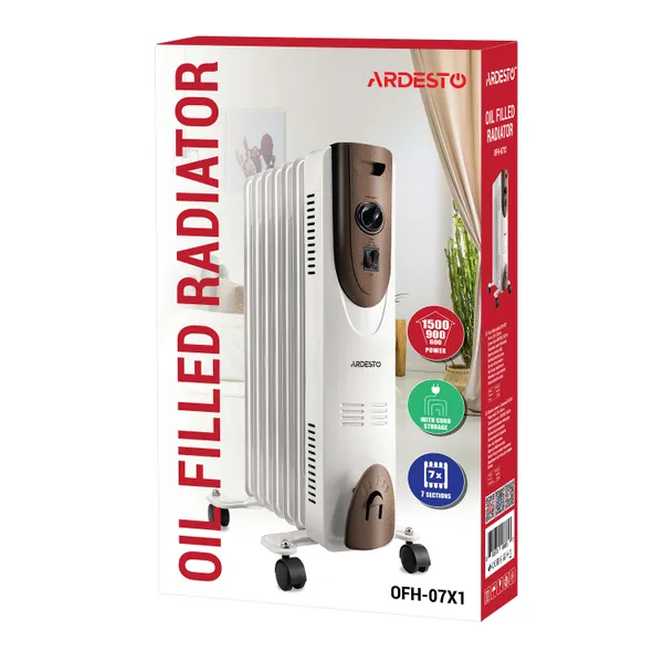 Масляный радиатор ARDESTO, 15м2, 1500Вт, мех. упр-ние, 7 секций, белый в наличии