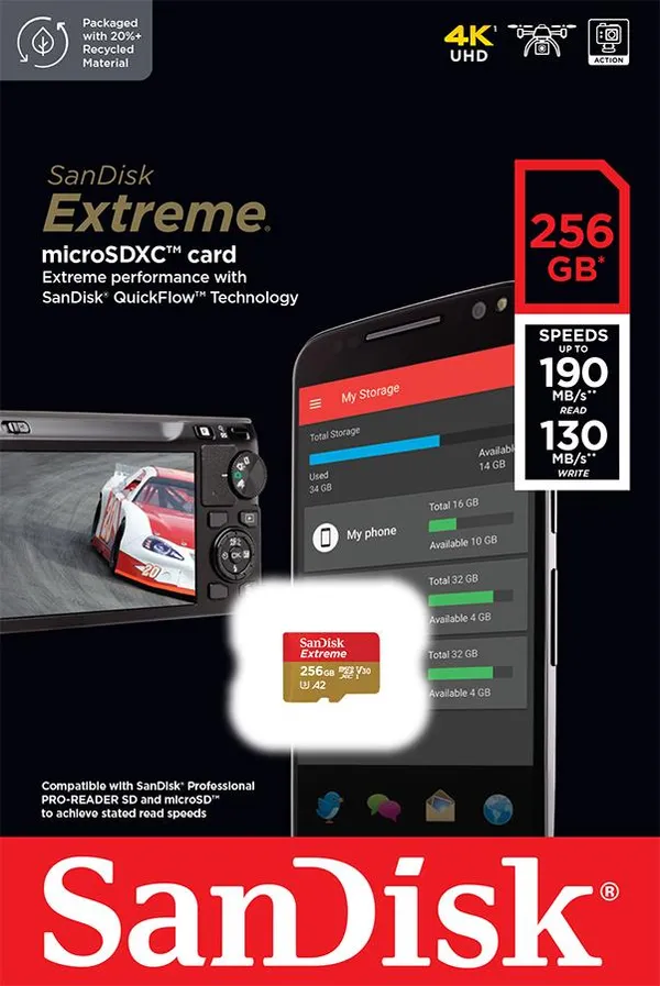 Карта пам'яті SanDisk microSD  256GB C10 UHS-I U3 R190/W130MB/s Extreme V30