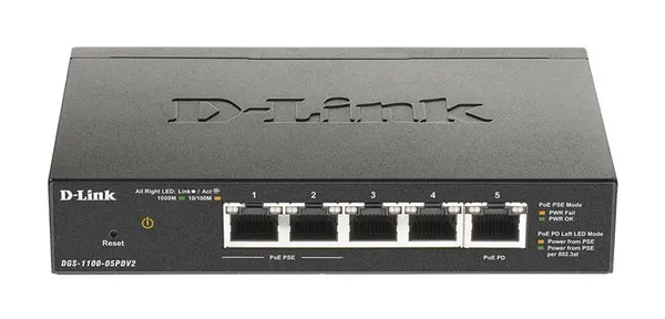 Коммутатор D-Link DGS-1100-05PD 5xGE, (2xGE, 2xGE PoE, 1xGE PD), EasySmart