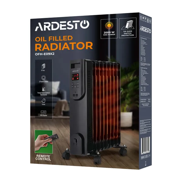 Масляный радиатор ARDESTO, 20м2, 2000Вт, электр. упр-ние, 9 секций, пульт ДУ, чёрный цена в Украине