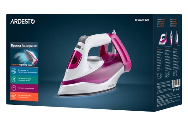 Праска Ardesto IR-C2230-BUR, 2200Вт, 300мл, паровий удар, керам. підошва, малиновий в наявності