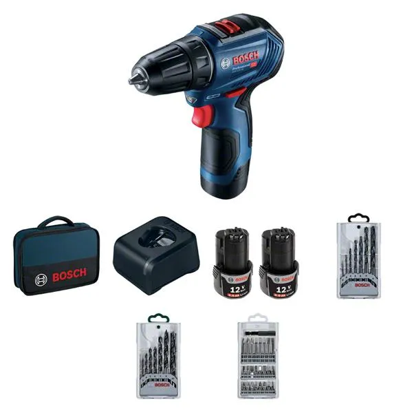 Шуруповерт-дрель аккумуляторный Bosch GSR 12V-30, 12В 2х2Ач, 18/30 Нм, 20+1, 420/1600об/мин, ЗУ, кейс, набор аксессуаров, 0.89 кг