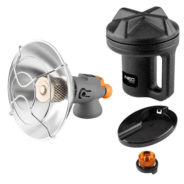 Обогреватель газовый туристический Neo Tools, 92г/час, картриджный, регулятор, пьезоподжиг, черный