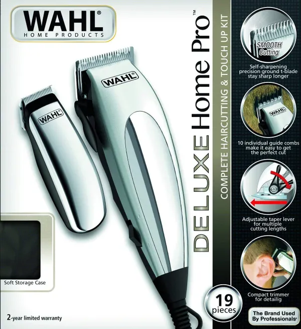 Машинка для стрижки WAHL HomePro Deluxe Combo, от сети, вибрационный мотор, насадок-12, мини-триммер в компл., серебристый