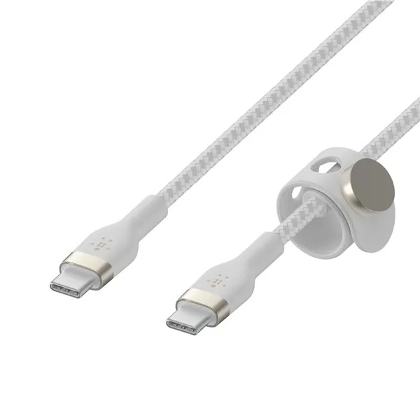 Кабель USB-C > USB-C заряджання/синхронізації Belkin 2м, 60Вт, Type-C, плетений, силіконовий, з ремінцем на магніті, білий