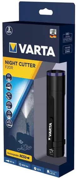 Ліхтар VARTA Ручний Night Cutter F20R,  IPX4, до 400 люмен, до 147 метрів,  перезаряджаємий ліхтар, Micro-USB фото