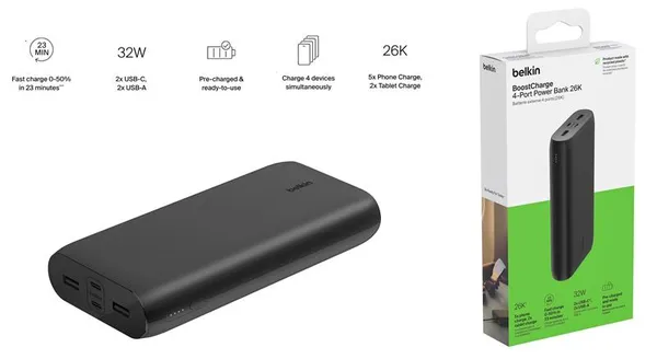 Портативное зарядное устройство Power Bank Belkin 26000мАч, 32Вт, USB-A/USB-C PD PPS, черный