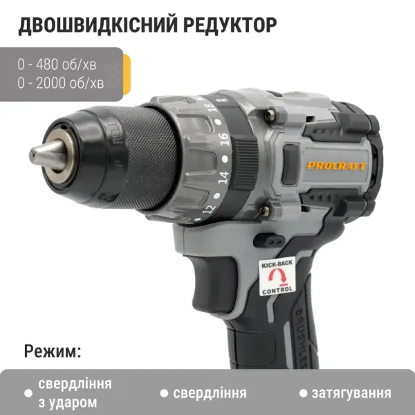 Заказать Бесщеточнный аккумуляторный шуруповерт Procraft Industrial CD20A в кейсе (1 акб) Kick back control с доставкой