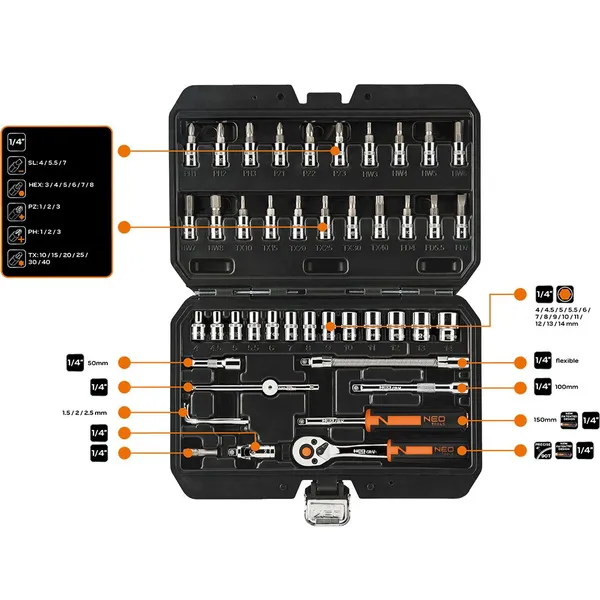 Набор инструментов Neo Tools, набор торцевых головок, 46 шт, 1/4", CrV, кейс фото №2