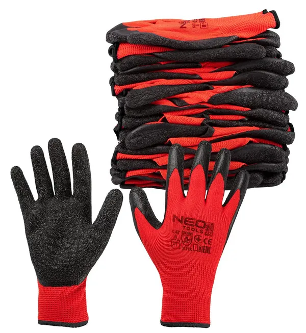 Перчатки рабочие Neo Tools комплект 12шт, полиэстер с латексным покрытием, р.11, красно-черный заказать