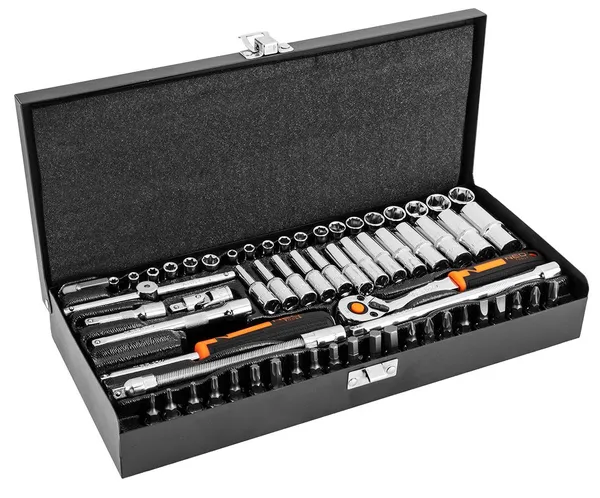 Набор инструментов Neo Tools, набор торцевых головок, 63шт, 1/4", CrV, металлический кейс фото №1