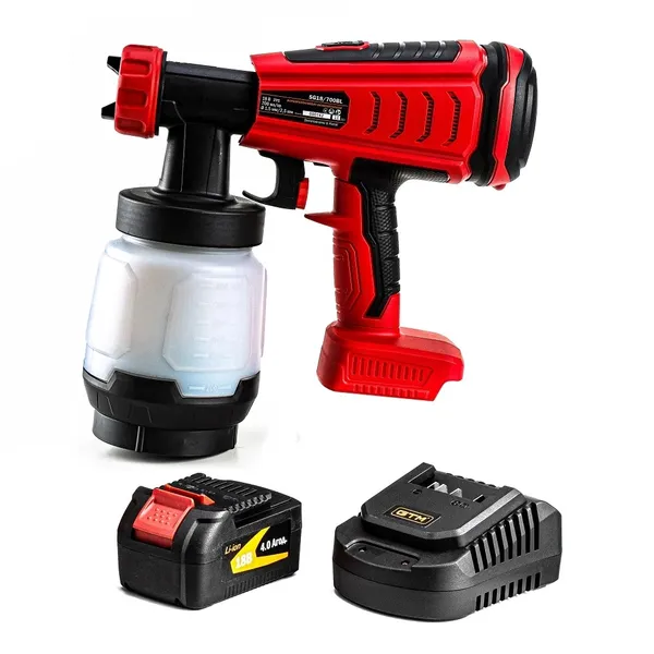 Фарборозпилювач акум. SG18/700BL, 18В, 700мл/хв, 800мл резервуар, 2 сопла-1,5 і 2,5мм, металевий корпус сопла та шток клапана, +акум. 4Аг, зарядний пристрій