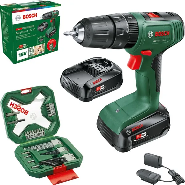 Шуруповерт-дрель аккумуляторная Bosch EasyImpact 18V-40 18В 2х2А·час 20·38Нм 0-430·0-1630об·мин кейс ЗП набор из 34 предметов (АС Xline) 1.4кг