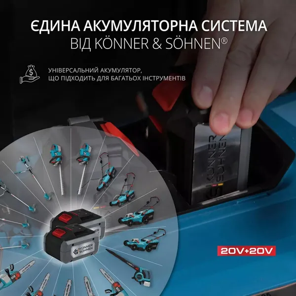 Газонокосарка акумуляторна Konner&Sohnen KS 43LM-40V 40В(20+20) акб 2?4А·год 43см 50л 25-75мм 15.5кг ціна в Україні