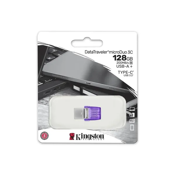 Накопичувач Kingston  128GB USB 3.2 Type-A Gen1 + Type-C DT microDuo 3C R200MB/s