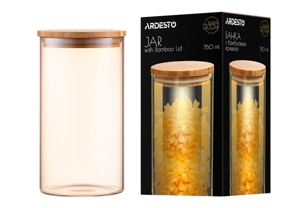 Банка для хранения Ardesto Golden Moon, 760мл, стекло, бамбук, круглая, золотистый