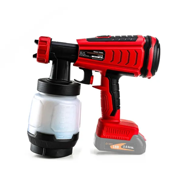 Фарборозпилювач акум. SG18/700BL, 18В, 700мл/хв, 800мл резервуар, 2 сопла-1,5 і 2,5мм, металевий корпус сопла та шток клапана, +акум. 4Аг, зарядний пристрій купити в Україні